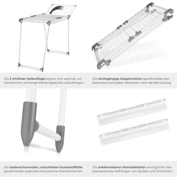 Wäscheständer mit klappbaren Seitenflügeln und Sockenhalter