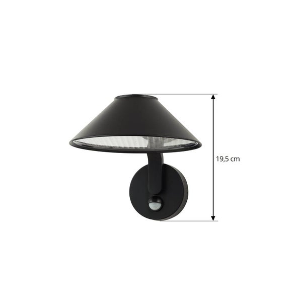 Schwarze Außenwandleuchte mit Bewegungsmelder, konischem Schirm und einer Höhe von 19,5 Zentimetern.