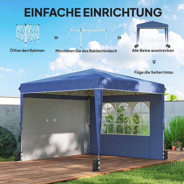 Infografik zum Aufbau eines Faltpavillons in vier Schritten: Rahmen öffnen, Dach montieren, Beine ausziehen und Seitenteile anbringen.