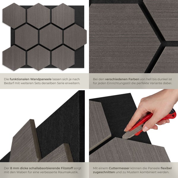 Schallabsorbierende, hexagonale Wandpaneele in Holzoptik aus 8 Millimeter dickem Filzstoff, zuschneidbar und erweiterbar.