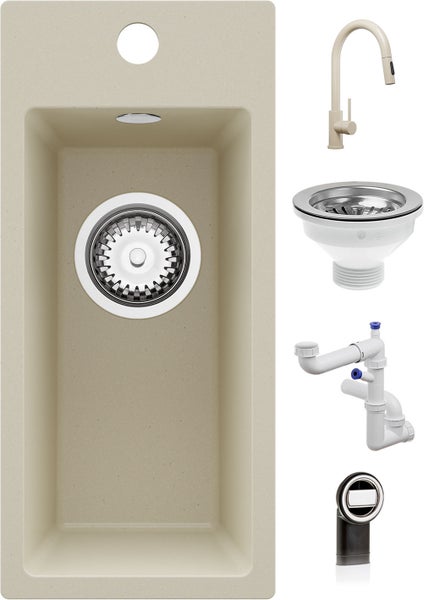 Einbauspüle aus Verbundwerkstoff mit Einzelbecken, Küchenarmatur mit Ausziehauslauf, Ab- und Überlaufgarnitur sowie Siphon.