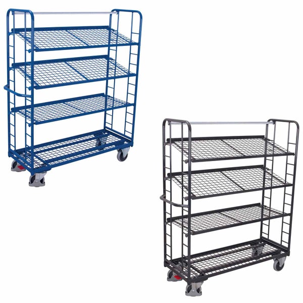 Zwei Etagenwagen mit vier Drahtgitterböden, Lenkrollen und Schiebebügel, in Blau und Dunkelgrau.