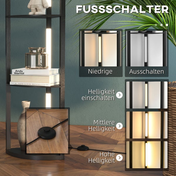 Schwarzes Eckregal mit integrierter LED Beleuchtung und Fußschalter zur Einstellung von drei verschiedenen Helligkeitsstufen.