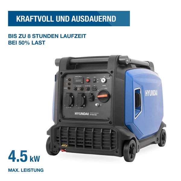 Hyundai Inverter Stromerzeuger HY4501SEI mit 4.5 Kilowatt maximaler Leistung und 8 Stunden Laufzeit bei 50 Prozent Last.