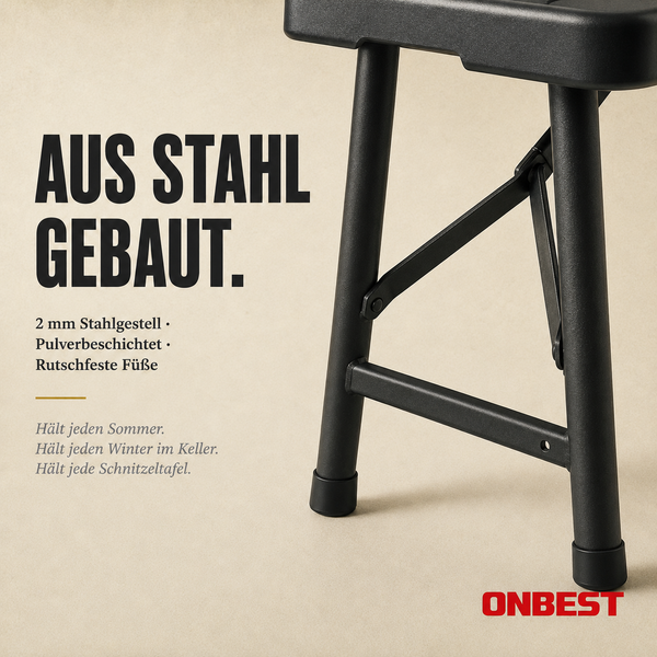 Detailansicht eines 2 Millimeter starken, pulverbeschichteten Stahlgestells mit rutschfesten Füßen für Klapptische von ONBEST.