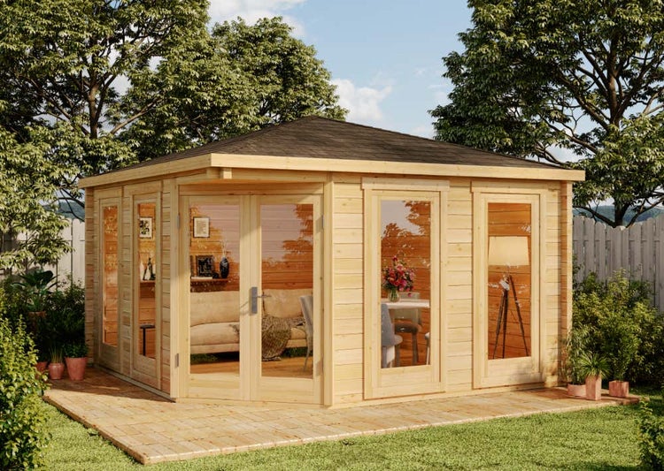 Alpholz 5-Eck Gartenhaus Maja aus Massiv-holz, Gerätehaus mit 70 mm Wandstärke ohne Imprägnierung, Garten Holzhaus inklusive Montagematerial, Geräteschuppen Größe: 400 x 400 cm, Spitzdach