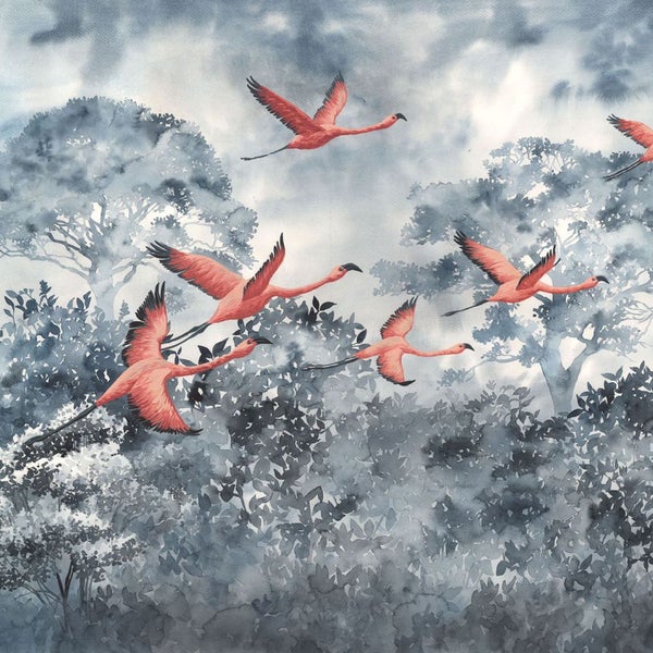 Tapete mit Flamingos im Flug vor Bäumen
