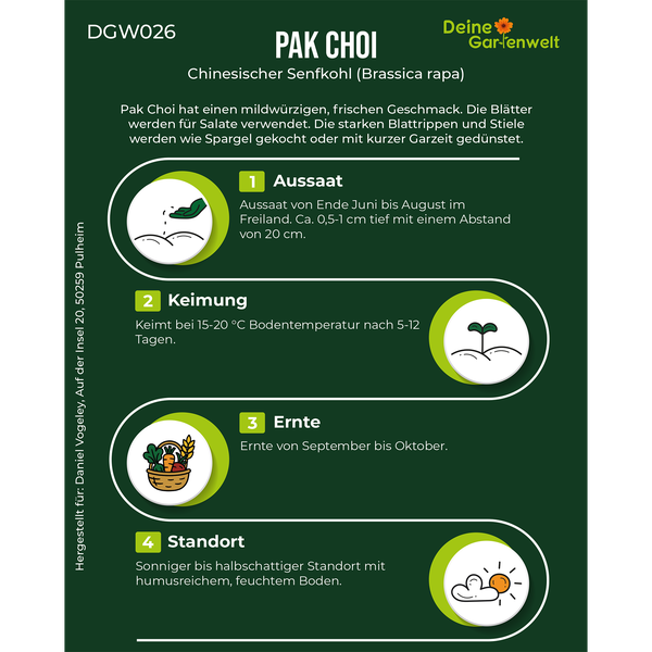 Infografik für Pak Choi Samen mit Tipps zu Aussaat, Keimung (15 bis 20 Grad Celsius), Ernte und Standort. Deine Gartenwelt Logo.
