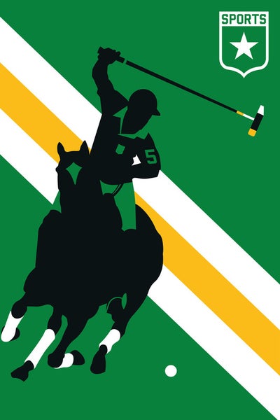 Illustration eines Polospielers auf einem Pferd mit Schläger vor einem gestreiften Hintergrund und einem Sportwappen