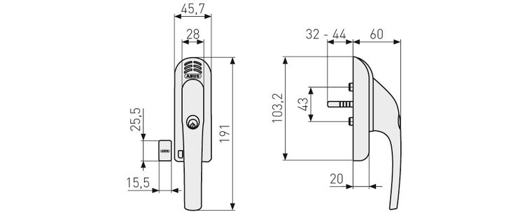 Technische Zeichnung eines abschließbaren ABUS Fenstergriffs mit Maßangaben in Millimetern in der Vorder- und Seitenansicht.