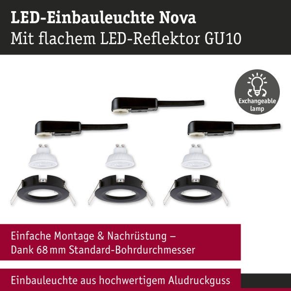 Drei LED-Einbauleuchten Nova mit flachem GU10-Reflektor. Aus Aludruckguss für 68 Millimeter Bohrdurchmesser. Austauschbares Leuchtmittel.