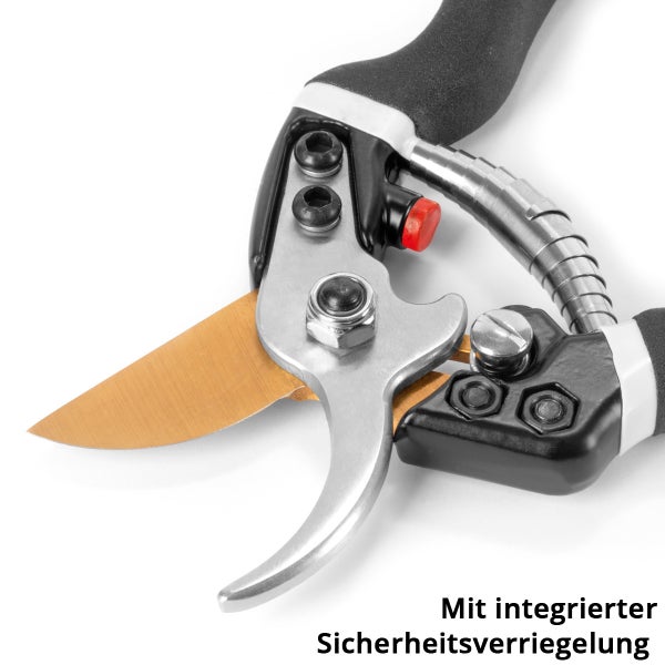 Gartenschere mit integrierter Sicherheitsverriegelung und beschichteter Klinge.