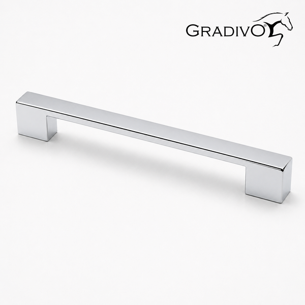 Eckiger Gradivo Möbelgriff aus verchromtem Metall für Schränke und Schubladen. Gradivo Logo.