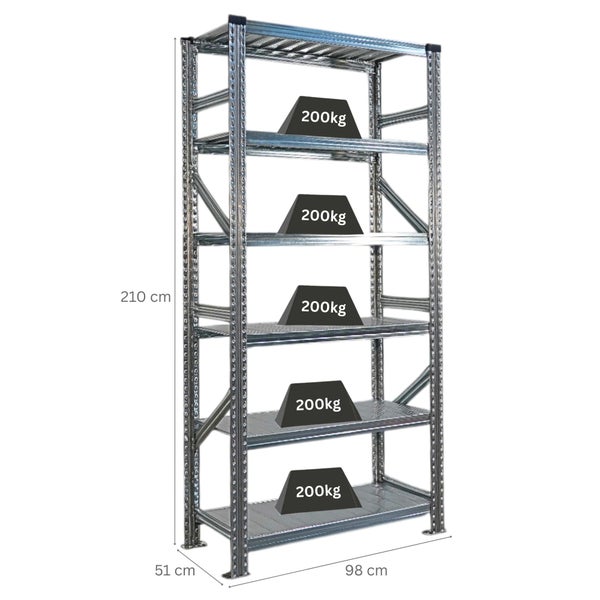 Metallregal mit fünf Ebenen und Gewichtsangaben