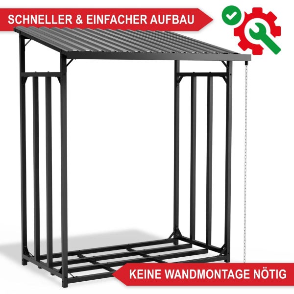 Kaminholzregal aus Metall mit Pultdach, schneller Aufbau und ohne Wandmontage.