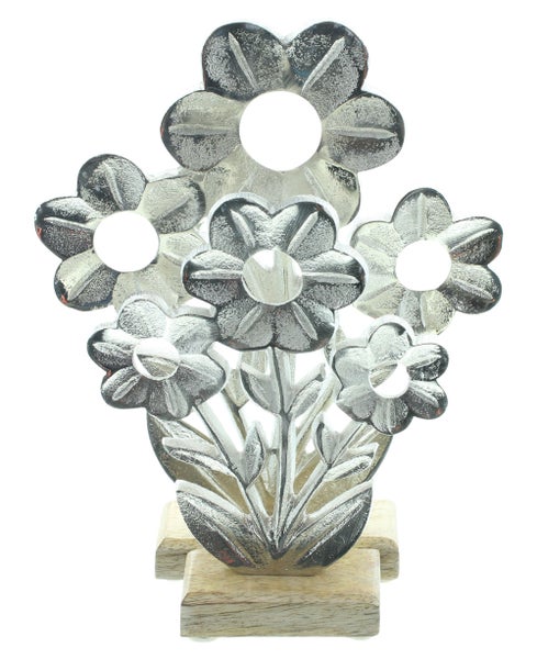FRANK FLECHTWAREN | Blume Silber , 2er Set, ALUMINIUM, HOLZ, 12,5 x 3,5  x 16,5 cm, 17 x 3,5 x 22 cm