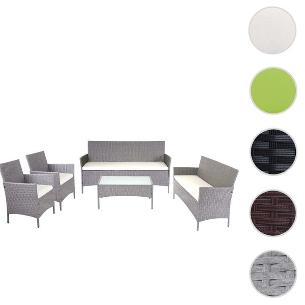 Fünfteiliges Garten-Lounge-Set aus Polyrattan-Geflecht mit zwei Sofas, zwei Sesseln und einem Couchtisch mit Glasplatte inklusive Materialmustern.