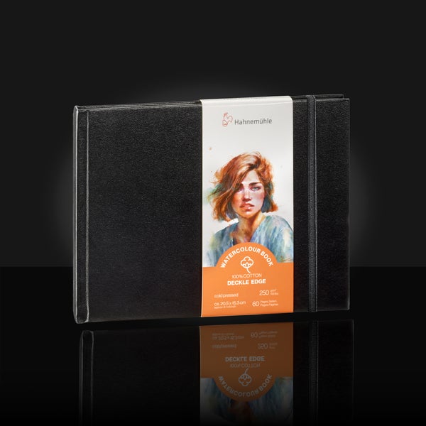 Hahnemühle Aquarellbuch aus 100 Prozent Baumwolle, 250 Gramm pro Quadratmeter, Büttenrand, circa 20,5 mal 15,3 Zentimeter, 60 Seiten, schwarz.