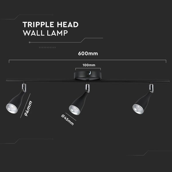 V-TAC VT-813-B-N - LED-Wandleuchten mit Dreifachkopf - IP20 - Schwarz - 13.5W - 1260 Lumen - 3000K