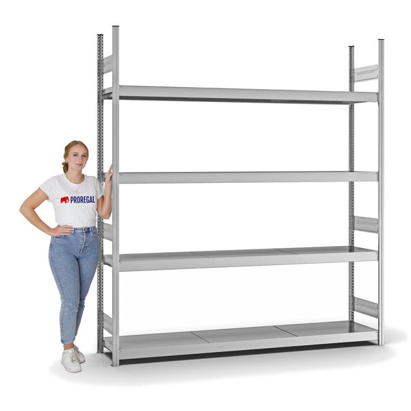 PROREGAL Weitspannregal Stecksystem T-Profil Grundregal HxBxT 250x225x40 cm 4 Ebenen Stahlplatten Fachboden Fachlast 350 kg Verzinkt