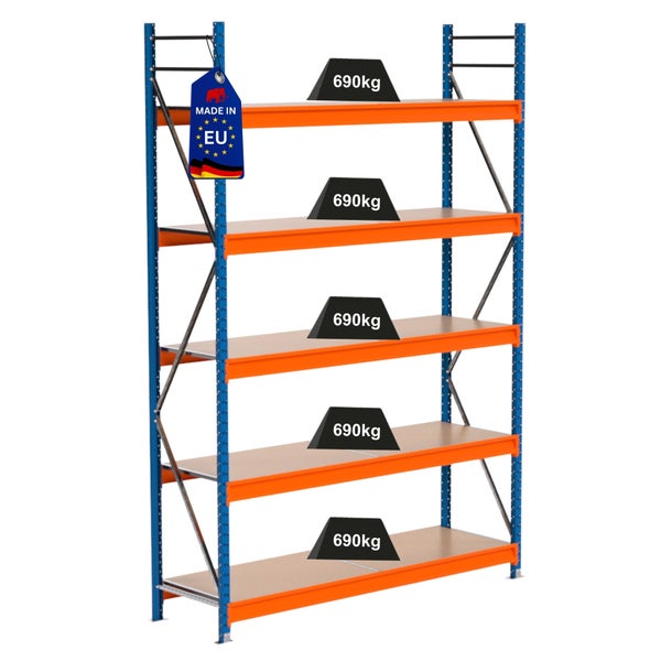 Lagerregal mit fünf Regalböden und einer Traglast von 690 Kilogramm pro Ebene, Hergestellt in der EU Kennzeichen