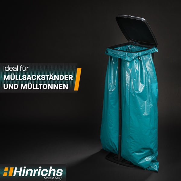Blauer Müllsack an einem schwarzen Müllsackständer mit offenem Deckel. Hinrichs Logo. Ideal für Müllsackständer und Mülltonnen.