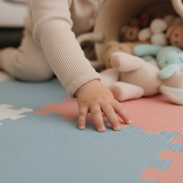 Ein Baby spielt auf einer bunten Puzzle Spielmatte aus Schaumstoff mit Spielzeug in einem Korb.