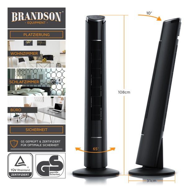 Brandson Turmventilator mit Fernbedienung 108 cm, Ventilator GS, Standventilator, Neigungswinkel 10°, zuschaltbare Oszillation, 3 Geschwindigkeiten