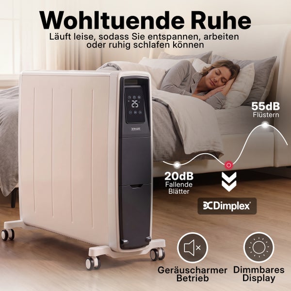 Mobiler Dimplex Elektroheizkörper in einem Schlafzimmer mit leisem Betrieb und dimmbarem Display für eine entspannte Atmosphäre.