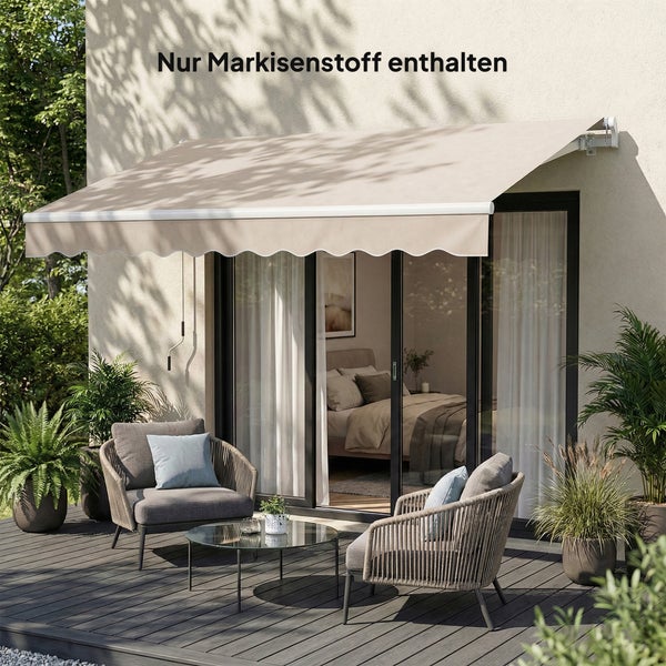 Moderne, helle Terrasse mit Markisenstoff, Loungemöbeln aus Geflecht und Glas sowie Pflanzen. Nur Markisenstoff im Lieferumfang enthalten.
