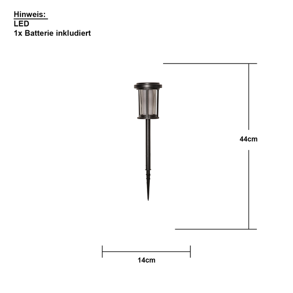 LED Gartenleuchte mit Batterie und den Maßen 44 Zentimeter Höhe und 14 Zentimeter Breite