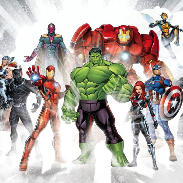Illustration einer Gruppe von Superhelden, darunter Hulk, Iron Man und Captain America.