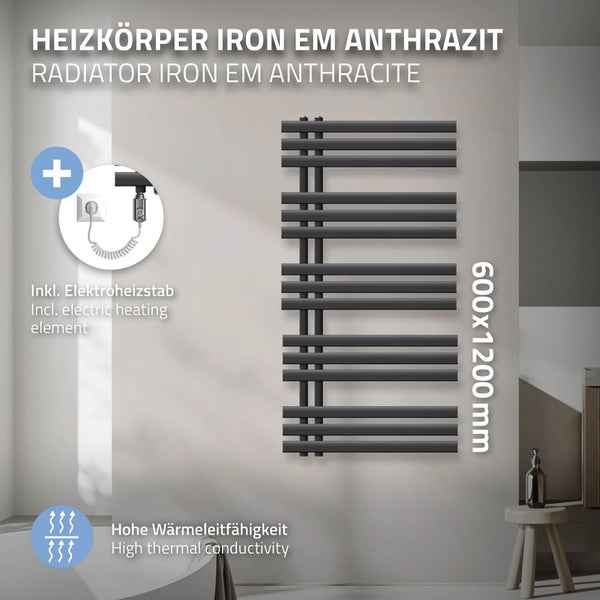 ECD Germany Iron EM Design Badheizkörper Elektrisch mit Heizstab 1200 W - 600 x 1200 mm - Anthrazit - Designheizkörper Paneelheizkörper Heizkörper Handtuchwärmer Handtuchtrockner