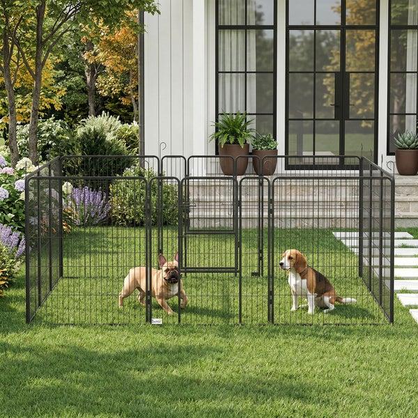 Schwarzer Welpenauslauf aus Metall mit acht Elementen und einer Tür im Garten mit zwei Hunden auf dem Rasen vor einem Haus.