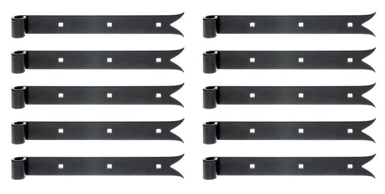 Set aus zehn Ladenbändern mit Gabelspitze zur Befestigung von Fensterläden oder Türen.
