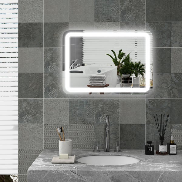 HOMCOM Badspiegel, 50 x 70 cm LED Badezimmerspiegel mit 3 Lichtfarben, Wandspiegel mit Touch-Schalter, Memory-Funktion, Lichtspiegel mit Anti-Beschlag, IP44