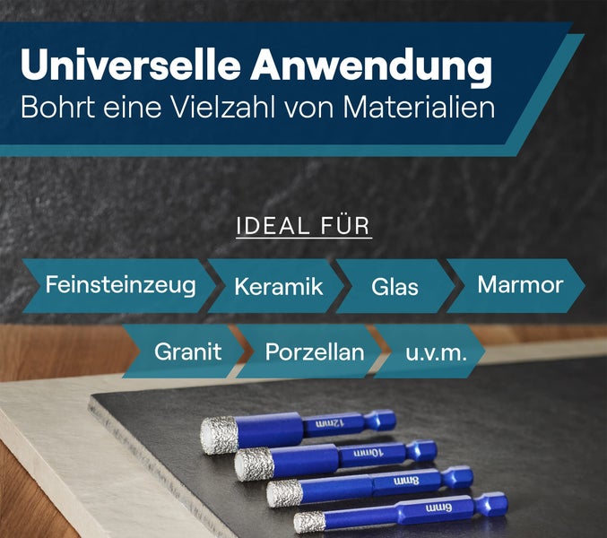 WERKSTEIN Fliesenbohrer 10mm mit Diamantbohrkrone - Extrem langlebiger Feinsteinzeug Bohrer zum Bohren von Fliesen, Glas, Keramik, Porzellan, Granit, Marmor uvm. - Diamantbohrer mit Sechskantschaft