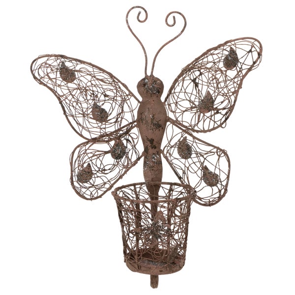 Wanddekoration Schmetterling aus Metalldraht in Rost-Optik mit integriertem Pflanzkorb.