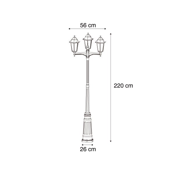 Maßzeichnung einer dreiflammigen Gartenlaterne mit einer Höhe von 220 Zentimeter und einer Breite von 56 Zentimeter.