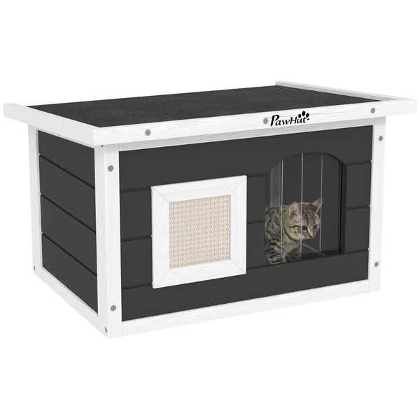 Katze in einem Katzenhaus mit Türgitter und geflochtenem Fenster