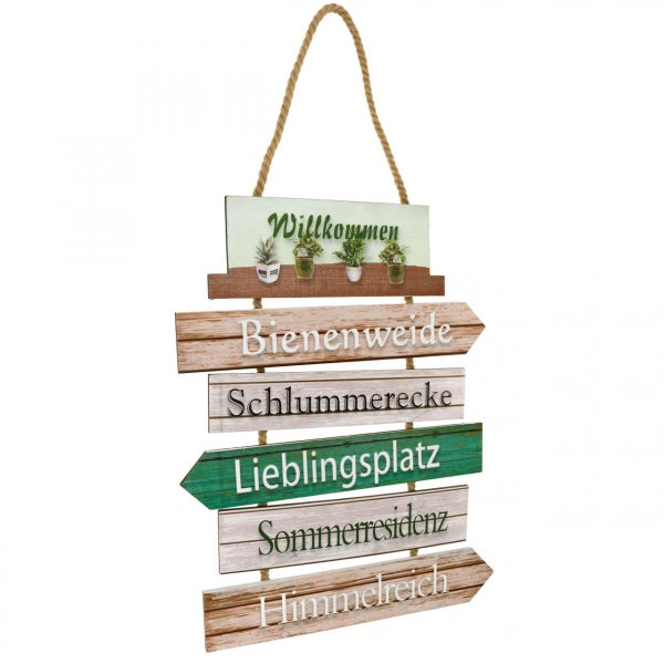 Dekoratives Holzschild mit verschiedenen Aufschriften für den Gartenbereich