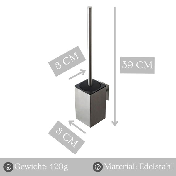 Wand-WC-Bürstengarnitur aus Edelstahl mit Maßen von acht mal acht mal neununddreißig Zentimetern und einem Gewicht von vierhundertzwanzig Gramm