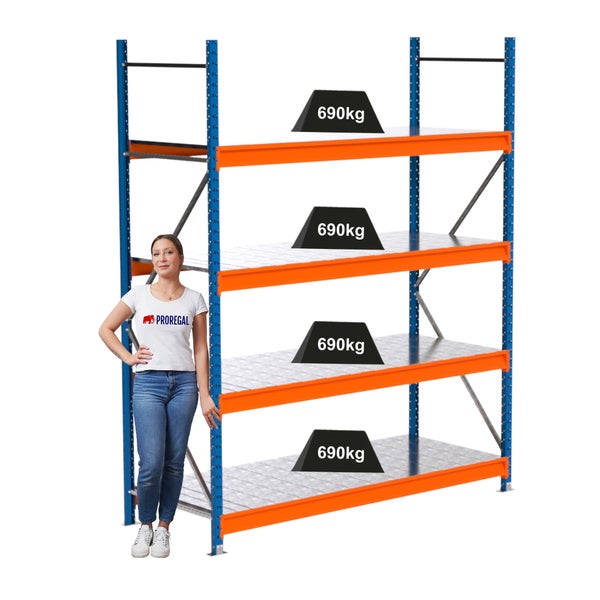 Steckregal mit vier Ebenen und einer Traglast von 690 Kilogramm pro Ebene