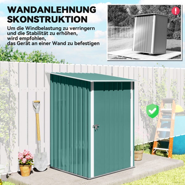 Metall-Gerätehaus mit Pultdach an einer Wand montiert für höhere Stabilität gegen Wind, inklusive Hinweistext.
