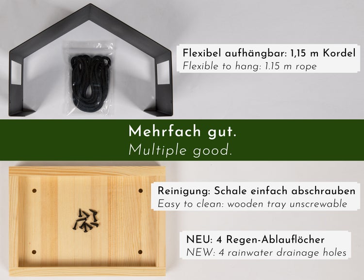 WONDERMAKE - Design Vogelhaus aus Metall und Holz wetterfest zum Aufhängen, modernes Vogelfutterhaus klein Metalldach hängend, Vogelhäuschen Futterhaus für Vögel, schwarz
