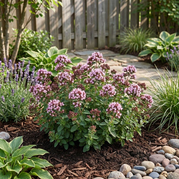 Blühender Dost im Gartenbeet mit Rindenmulch, Steinen und Lavendel vor einem Holzzaun.