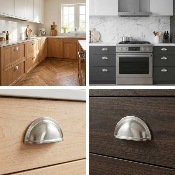 Küchenansichten mit verschiedenen Ausführungen von Schalen Griffen an Schubladen und Schränken