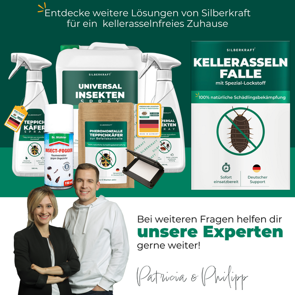 Silberkraft Produkte zur Schädlingsbekämpfung für ein kellerassel-freies Zuhause, inklusive Teppichkäferspray, Universal Insektenspray, Pheromonfalle, Kellerassel-Falle und Dr. Stähler Insect-Fogger.
