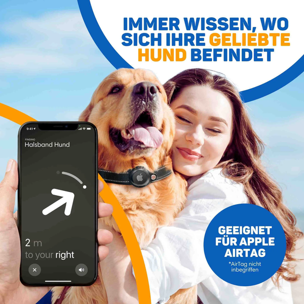 Frau umarmt ihren Hund, der ein Halsband mit Apple AirTag Halterung trägt, dargestellt mit einer Ortungs App auf einem Smartphone.