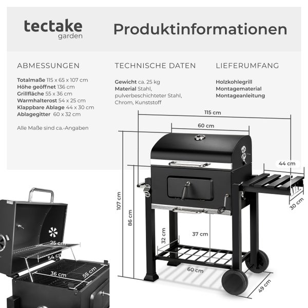 Produktinformationen des Holzkohlegrills mit Maßen und Materialangaben